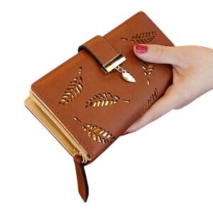 Brown Long Wallet Golden Leaves Elegant Clutch NWT